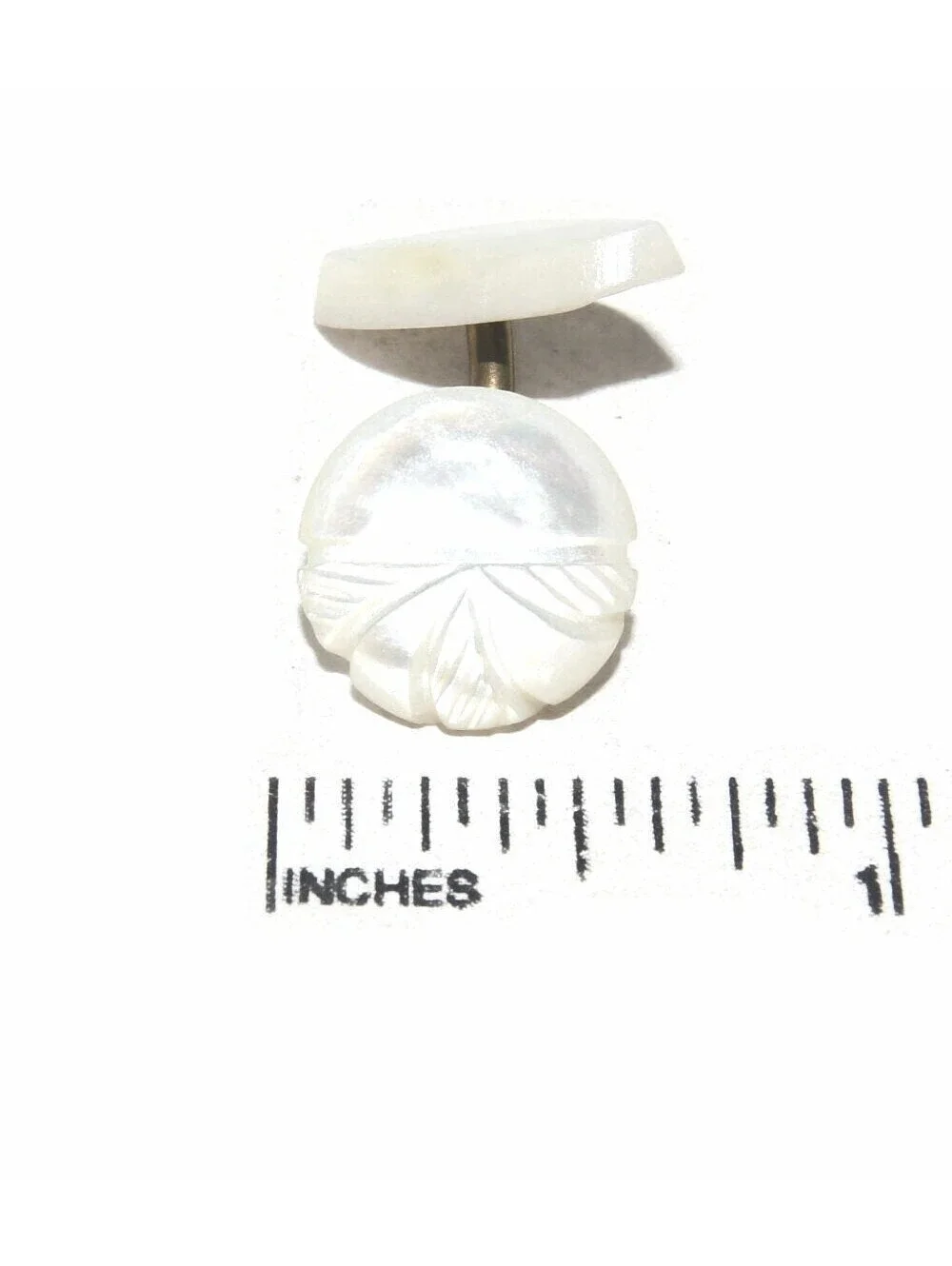 Antique Edwardian Gold Tone and Carved Mother of Pearl Cuff Links.